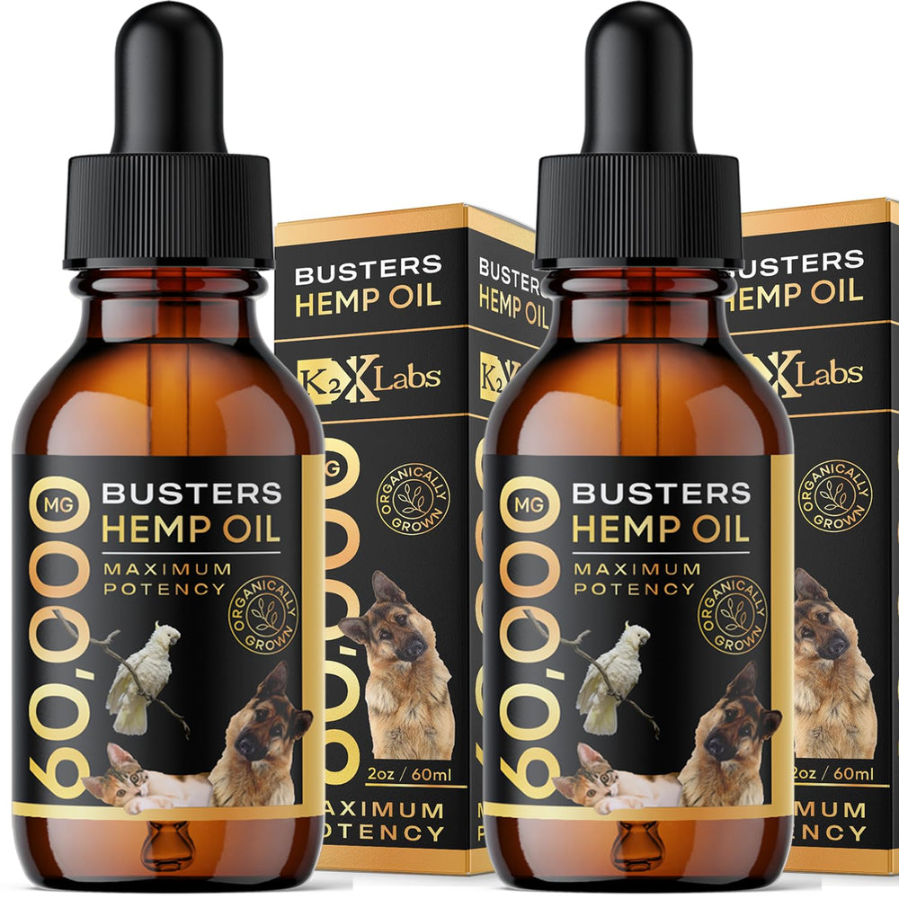K2xLabs Buster hemp oil bottle 60ml highlighting joint support for pets.