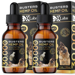 K2xLabs Busters Organic Hemp Oil bottle for easy dropper administration and calmer pets