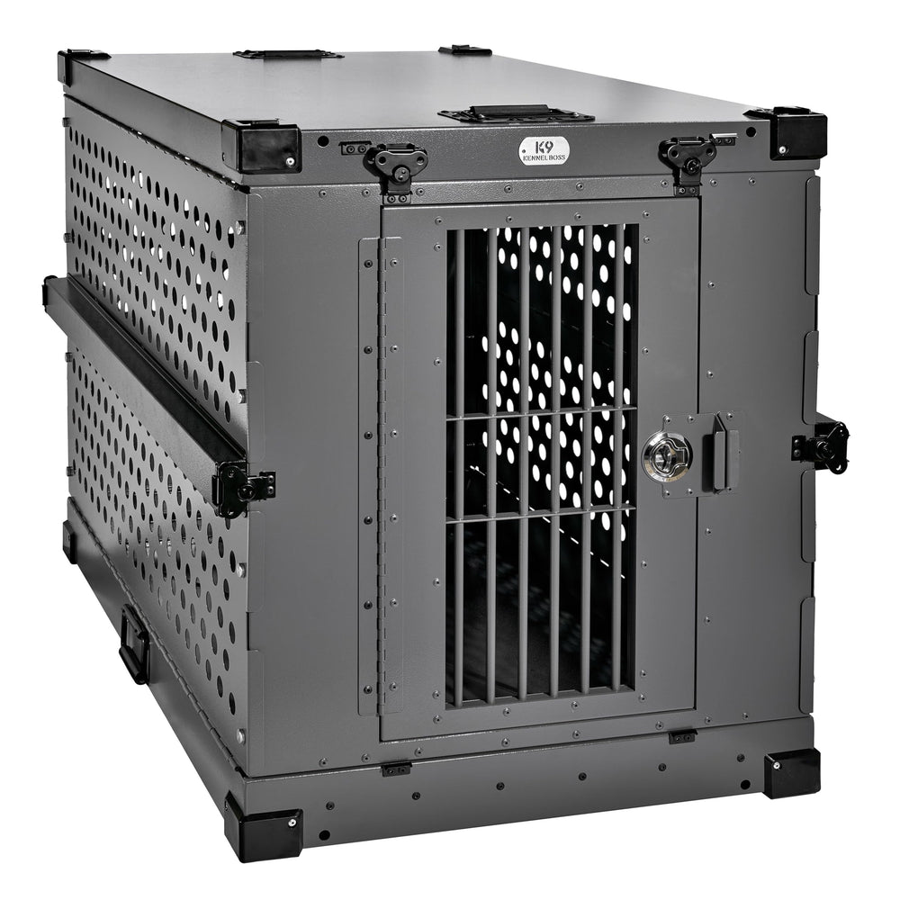 K9 Kennel Boss crate front view in gray showcases sturdy aluminum construction for lasting use.