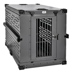 K9 Kennel Boss crate front view in gray showcases sturdy aluminum construction for lasting use.