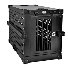 K9 Kennel Boss heavy-duty crate side view shows rugged aluminum construction for durability