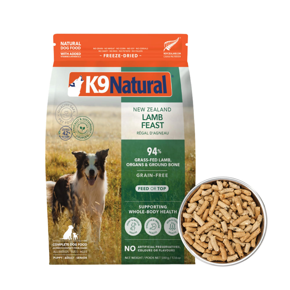 K9 Natural lamb freeze-dried dog food bag highlights grain-free formula for better digestion