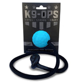 K9 Ops Moki Tug Toy Lagoon Blue ball and rope for high-energy fetch training.
