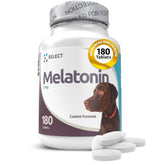 K9 Select melatonin bottle with tablets promotes calm evenings for dogs.