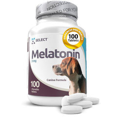 K9 Select Melatonin calming chews bottle reduces stress for dogs during thunderstorms.