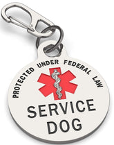 K9King service dog tag double-sided with red medical alert for quick recognition.
