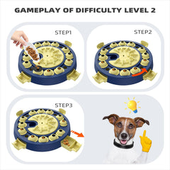 KADTC dog solving puzzle with treat drawers demonstrates interactive training and enrichment