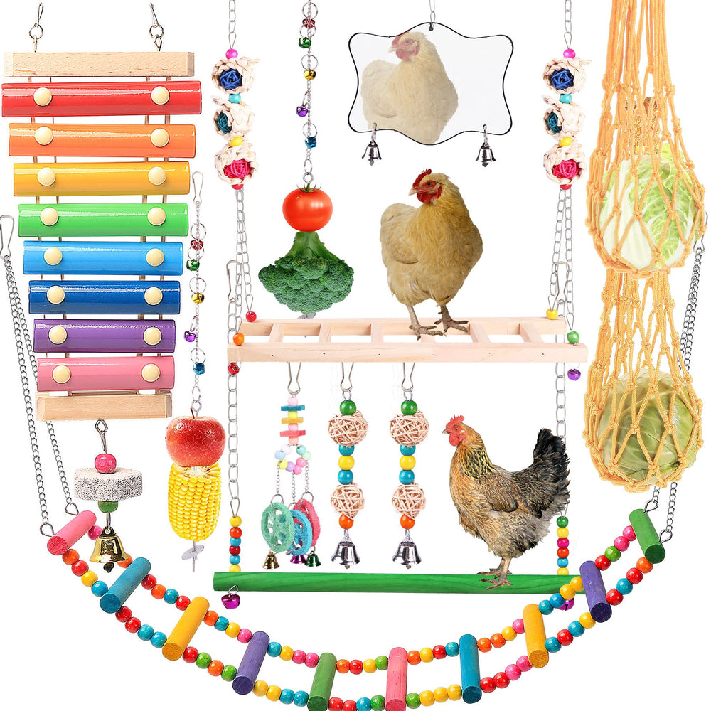 KAKUNM chicken xylophone toy in coop promotes enrichment and auditory play.