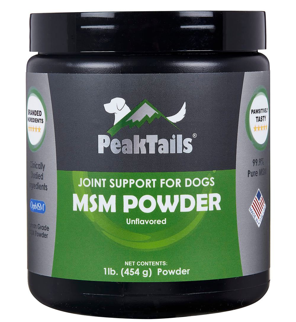 KALA HEALTH PeakTails MSM powder bottle closeup highlighting premium joint support for dogs.