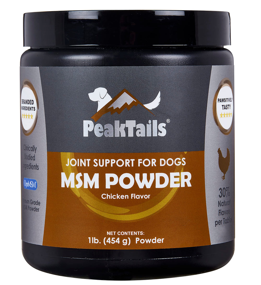KALA HEALTH PeakTails MSM powder bottle close-up supporting mobility during daily play.