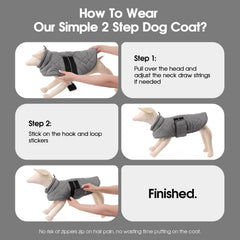 KAMA BRIDAL dog winter coat back view demonstrates snug leash hole for outdoor adventures.