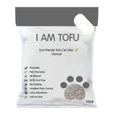 Kamys Zoo I AM TOFU bag front shows charcoal litter that is natural and biodegradable.