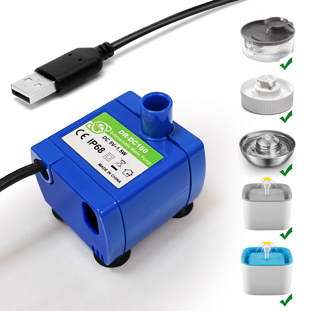 KANCHOU DR-DC160 close-up showing quiet, compact replacement pump for fountains.