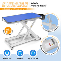 KANIS grooming table arm detail highlights adjustable overhead bar for safe restraint.