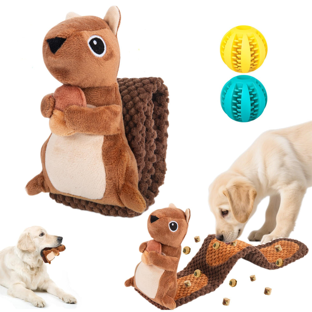 Kapawze dog puzzle toy with squirrel design hides treats for mental stimulation.