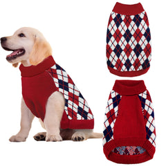 The Karoku dog sweater plaid red argyle front view offers cozy warmth.