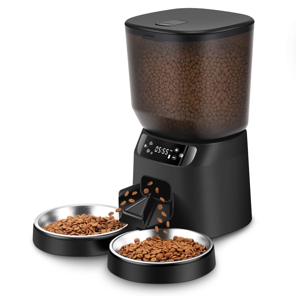 Katalic automatic cat feeder with dual bowls keeps two cats fed.