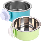 Kathson crate dog bowl blue hanging demonstrates dual food and water for easy crate feeding.