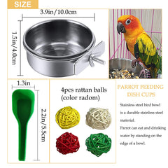 Kathson parrot feeder dishes showing side clamps for quick cage mounting.