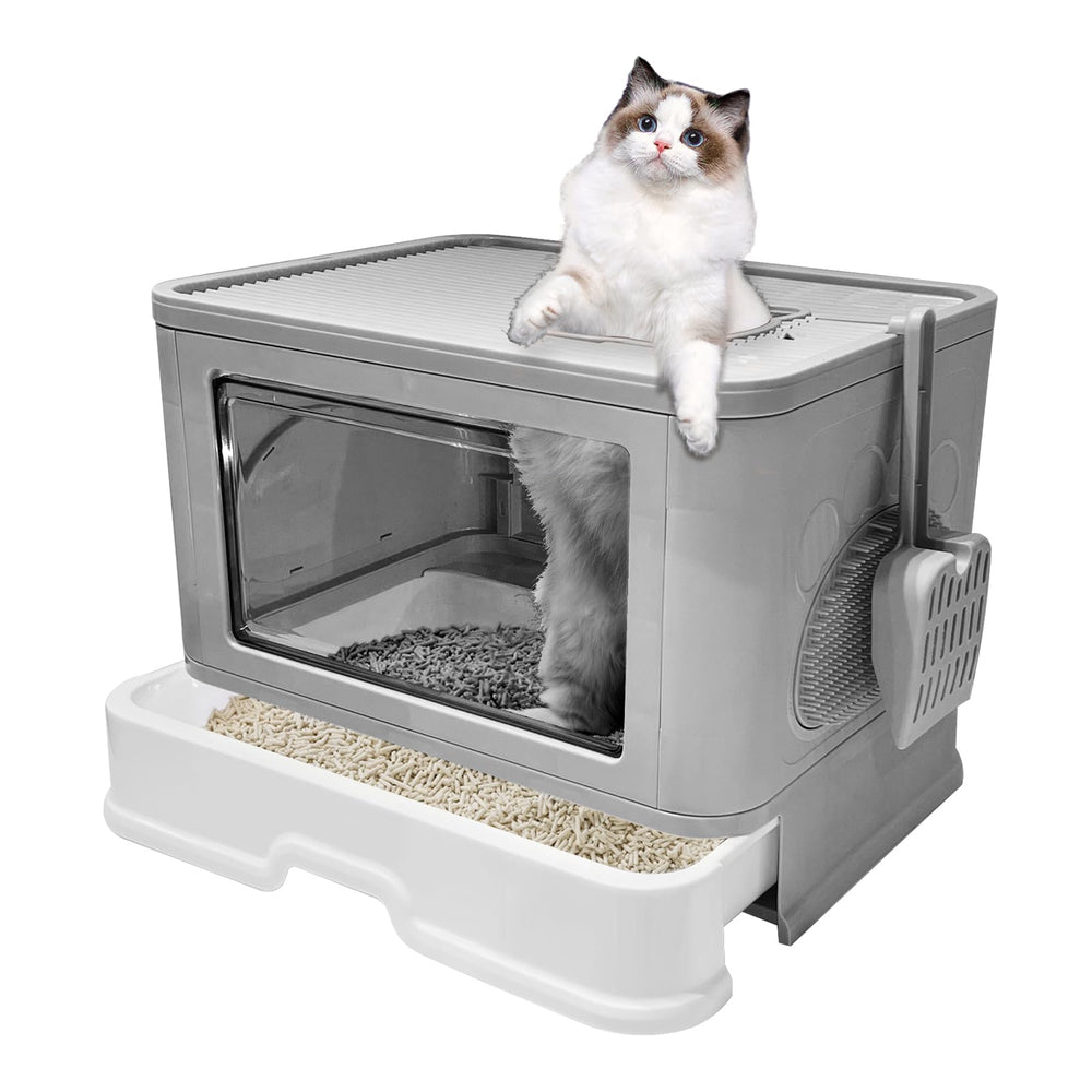 Kattypet Foldable Box front view shows private space and contained litter for easier cleaning.