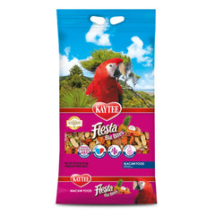 Kaytee Fiesta Big Bites Macaw Food bag label highlighting premium ingredients for macaws.