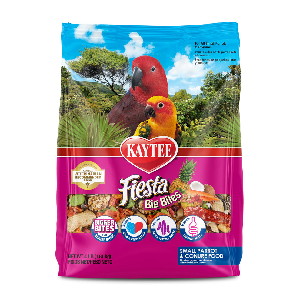Kaytee Fiesta Big Bites packaging front shows a four-pound bag for large-billed parrots.