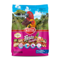 Kaytee Fiesta Big Bites packaging front shows a four-pound bag for large-billed parrots.