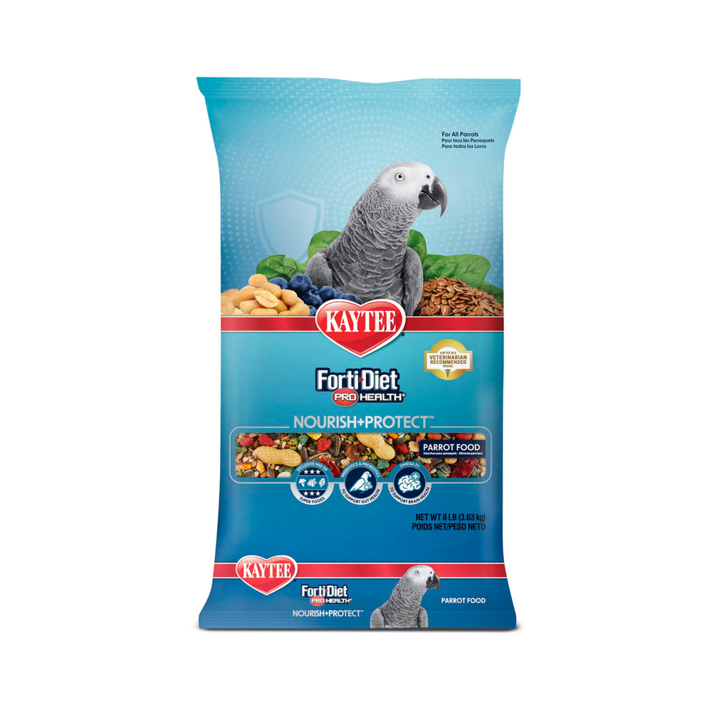 Kaytee Forti-Diet Pro Health parrot food bag open, nutrient-rich plumage-ready mix