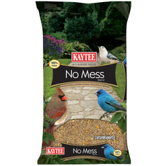 Kaytee No Mess Blend bag shows shell-free seeds for cleaner yard feeding.