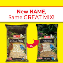 Kaytee No Mess Blend in feeder offers shell-free options for diverse backyard visitors.