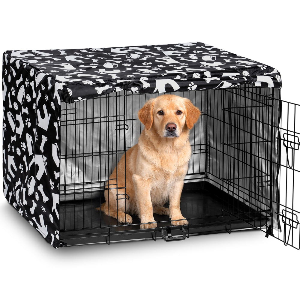 Kefit dog crate cover fully draped over a 36-inch crate for privacy.