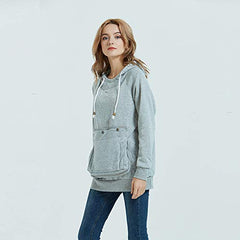 Kei Tomlison Pet Pouch Hoodie worn with kitten snuggling safely in the pouch