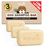 KELEBS deshedding dog shampoo bar packaging highlights plastic-free design for eco-friendly baths.