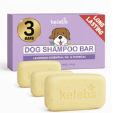 KELEBS dog shampoo bar packaging with lavender and oatmeal promotes eco-friendly, plastic-free care.