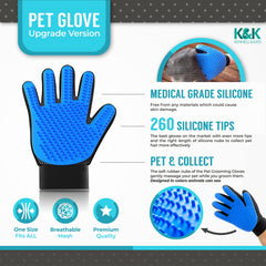 KENNELS & KATS grooming gloves on hand demonstrate easy use for quick fur pickup.