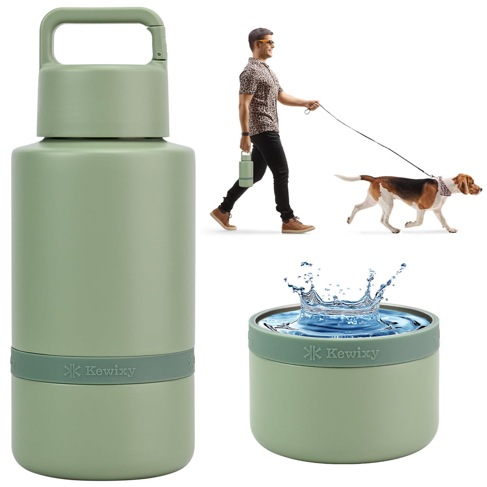 KEWIXY insulated dog water bottle with sage green bottle for on-the-go hydration.