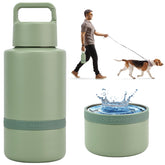 KEWIXY insulated dog water bottle with sage green bottle for on-the-go hydration.