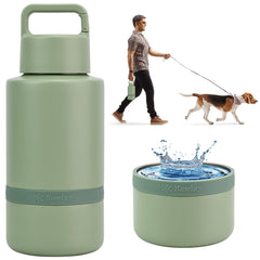 KEWIXY insulated dog water bottle with sage green bottle for on-the-go hydration.