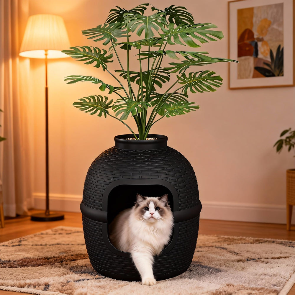 Keygarzone hidden litter box with faux plant front view shows discreet privacy