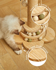 Khalor cat scratching post with 2-level ball track turns for play.