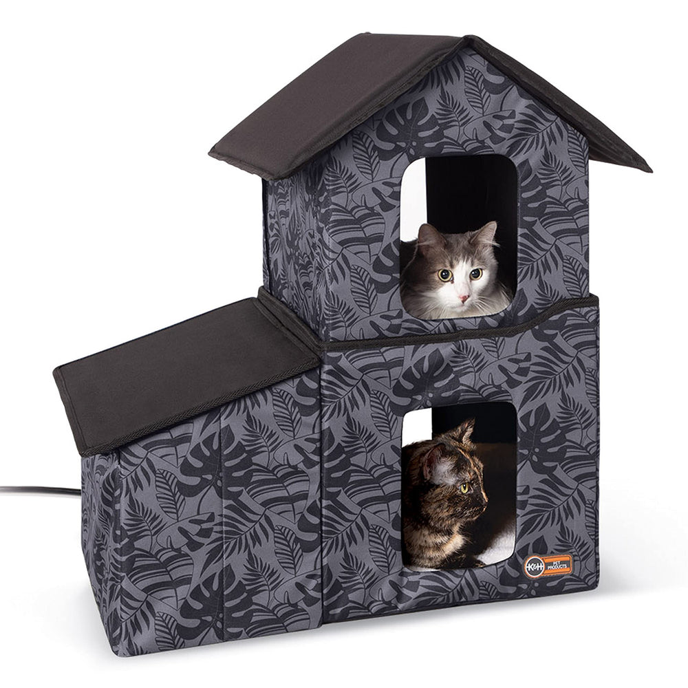 K&H Pet Products two-story heated kitty-house with dining-room in gray-leaf offers warmth and feeding security.