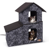 K&H Pet Products two-story heated kitty-house with dining-room in gray-leaf offers warmth and feeding security.
