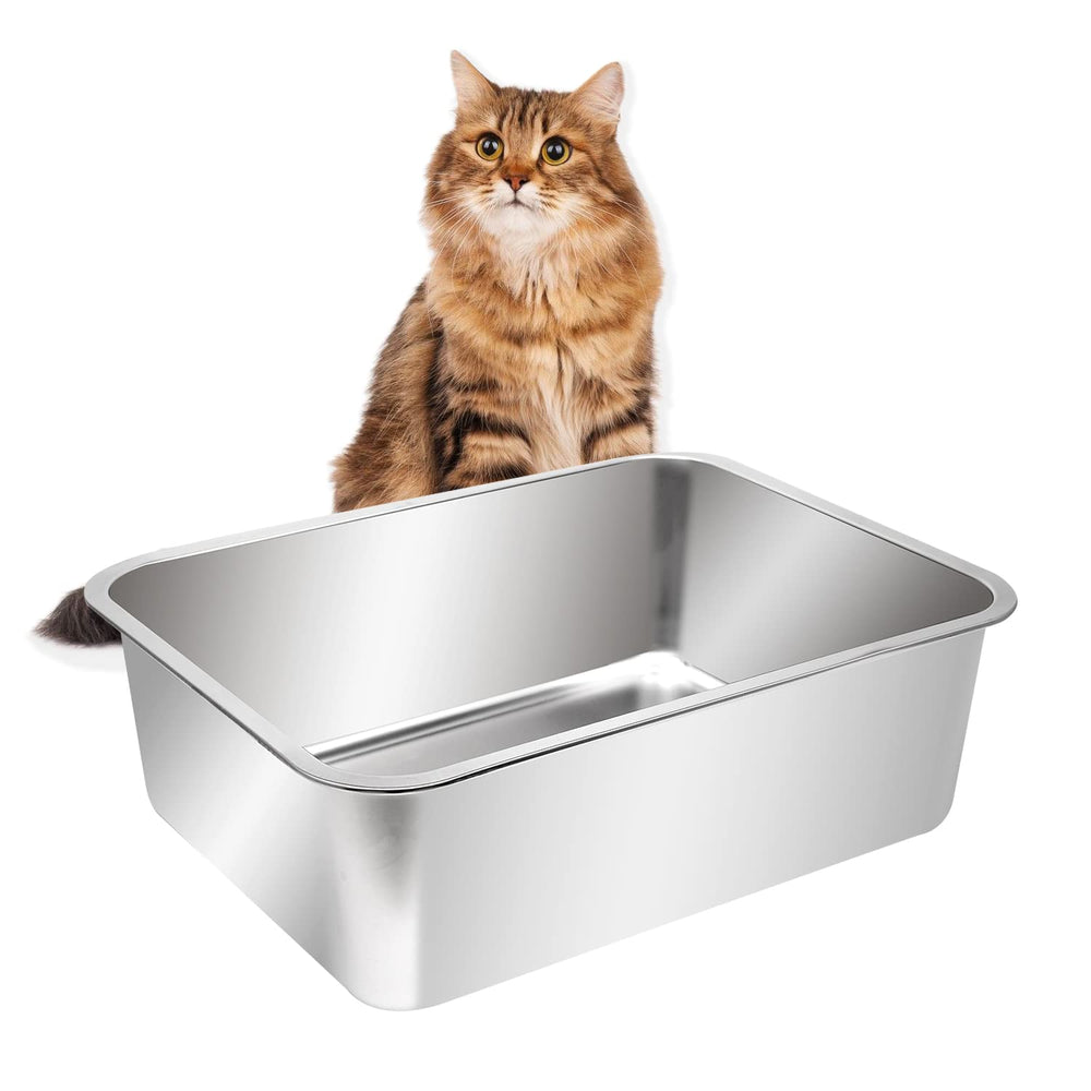 Kichwit extra large stainless steel open litter box front view, easy access and reduced mess.