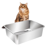 Kichwit extra large stainless steel open litter box front view, easy access and reduced mess.