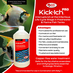 Kick Ich Pro 32oz dosing scene emphasizes long-lasting supply for ongoing aquarium care.