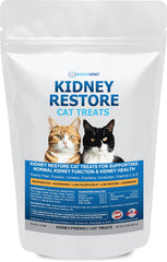Kidney Restore Tuna cat treats packaging highlights kidney-friendly snack option.