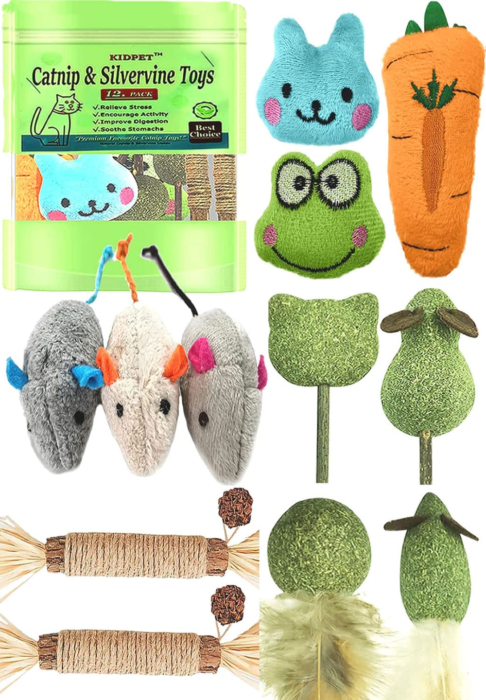 Kidpet 12-pack catnip and silvervine toys assortment for enrichment.