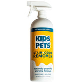 KIDS 'N' PETS stain remover bottle close-up for safe pet stain cleanup.