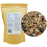 KikiBirds Premium Parrot Food bag closeup promotes feather health with protein-forward mix