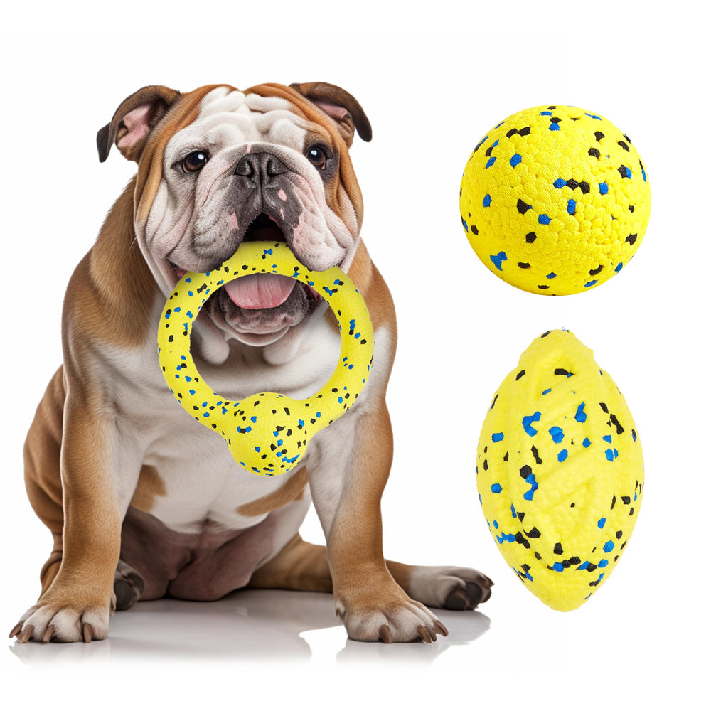 Kimee dog balls yellow front view shows a durable tug toy for aggressive chewers